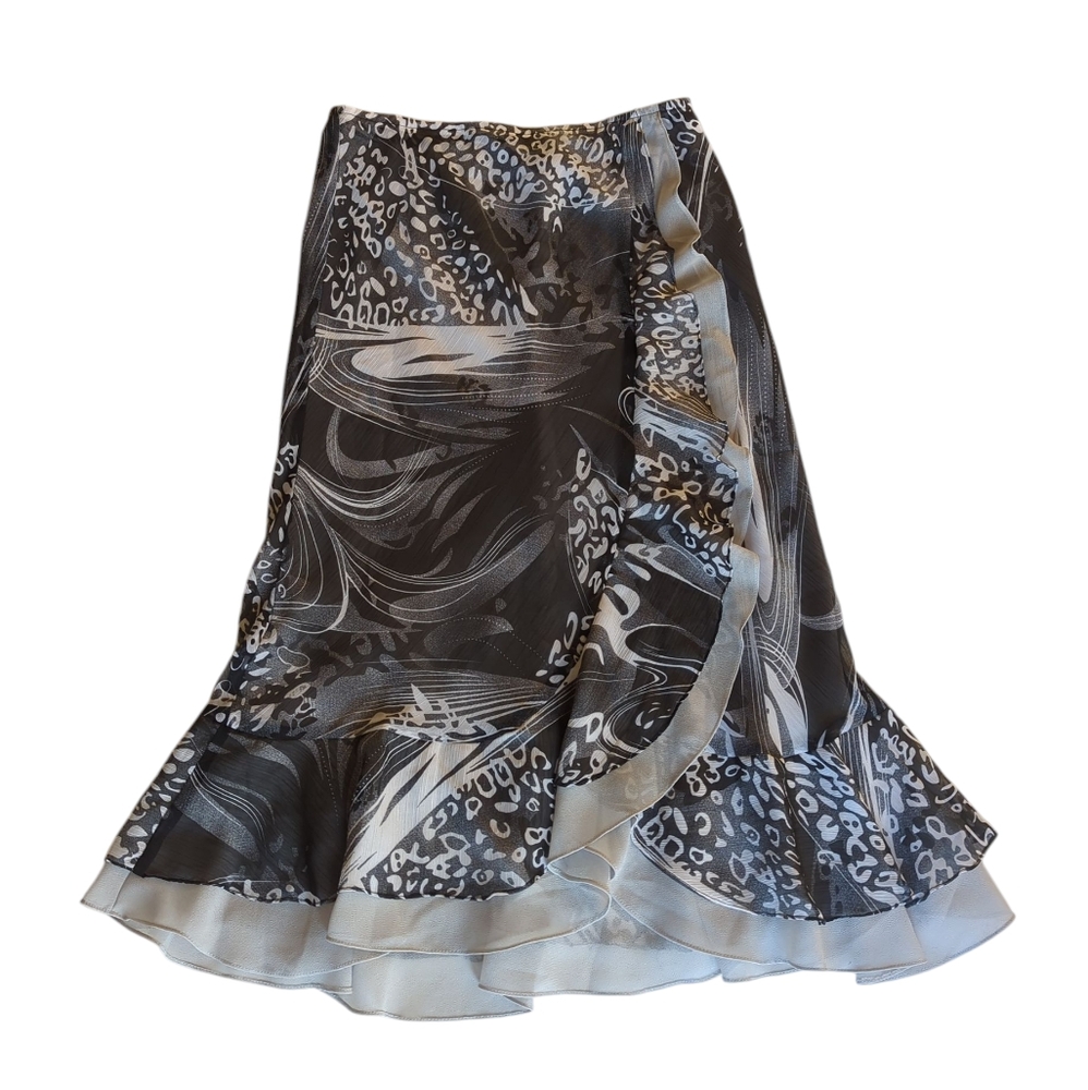 Vintage Ruffle Crinkled Lined Flirty Fun Midi Skirt LARGE Black Gray White